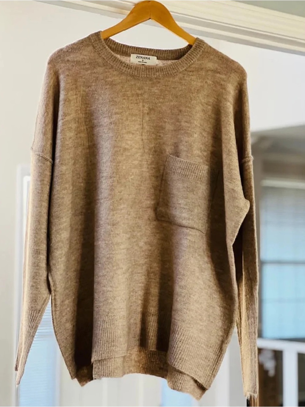 Zenana Outfitters Beige Crewneck Pocket Sweater